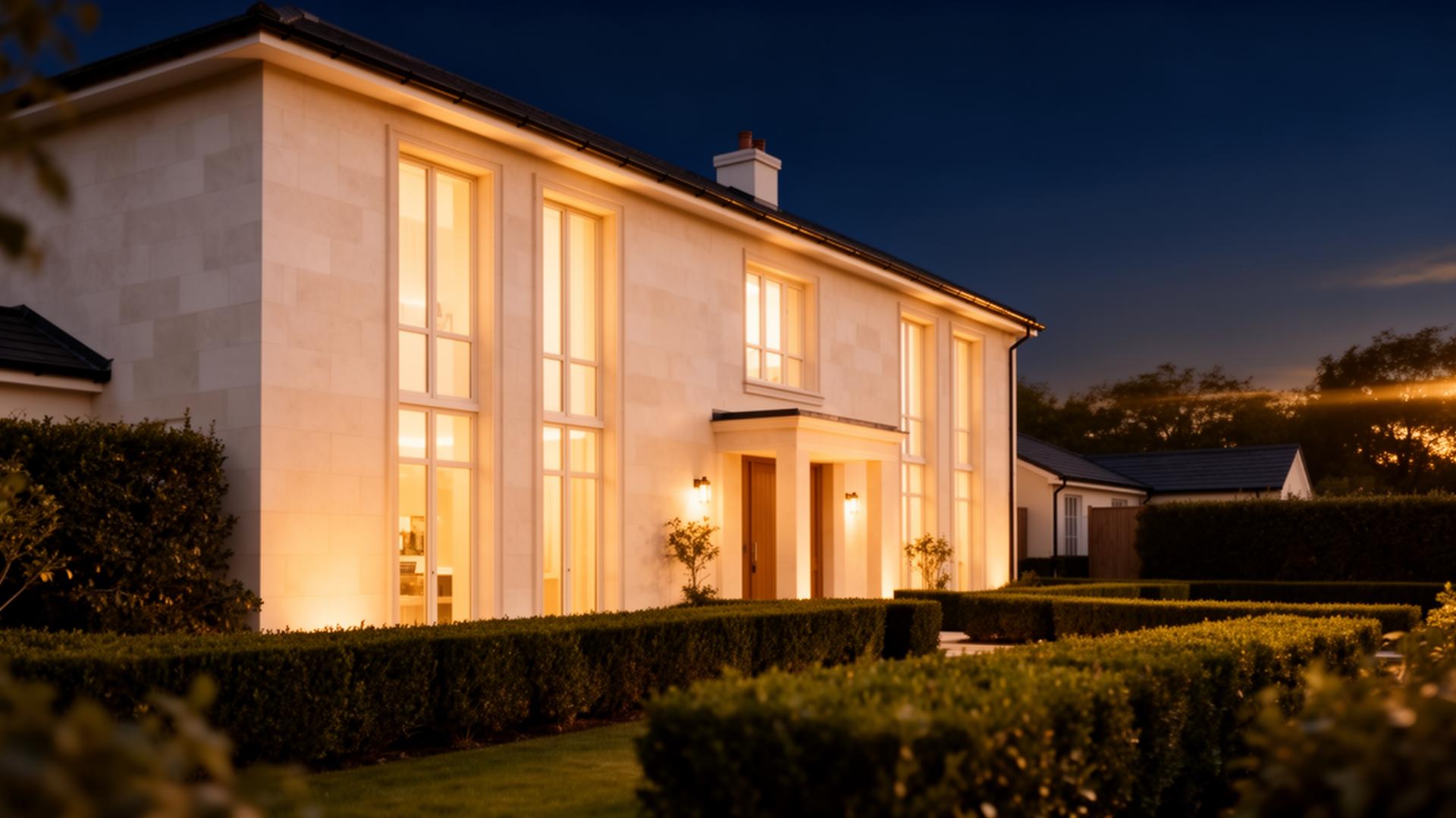 A modern stone home glowing at dusk